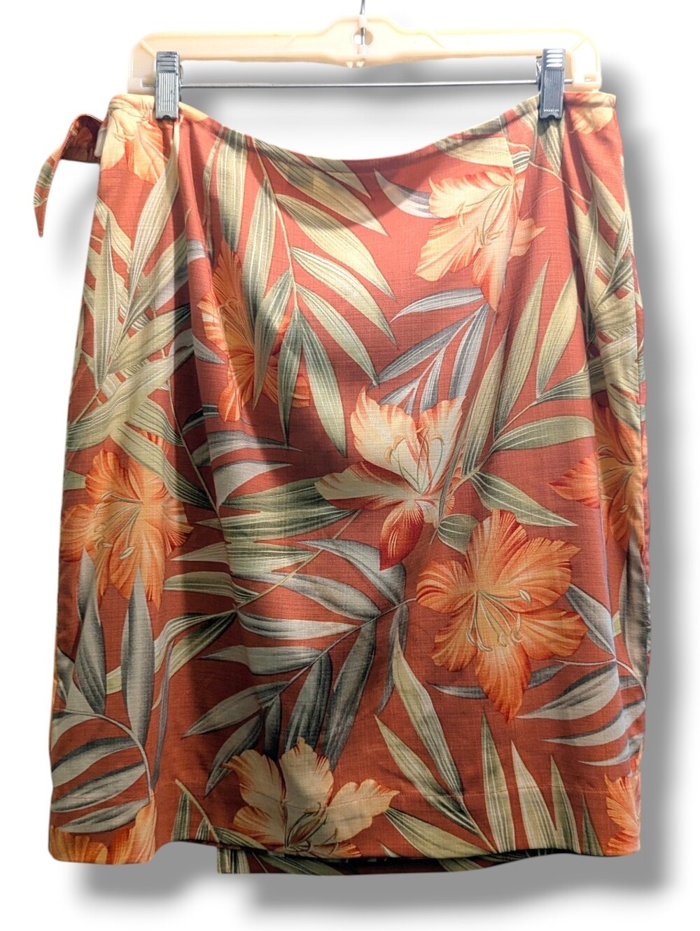 Tommy Bahama Vintage Silk Blend Terracotta Hawaiian Print Side Tie Wrap Skirt- L - Picture 2 of 12